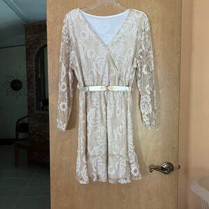 Lace surplice collar ruffle hem belted dress
